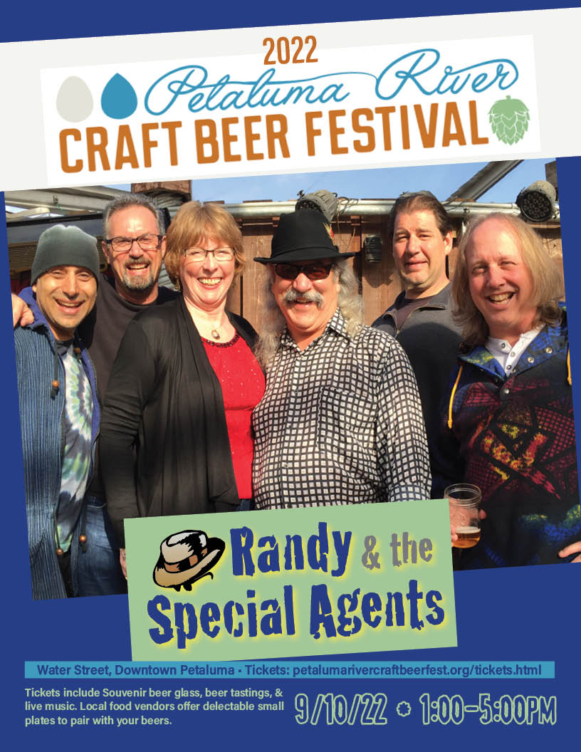 Flyer for 2022 Petaluma River Craft Beer Festival and Randy and the Special Agents Sept. 10, 2022 from 1-5pm.